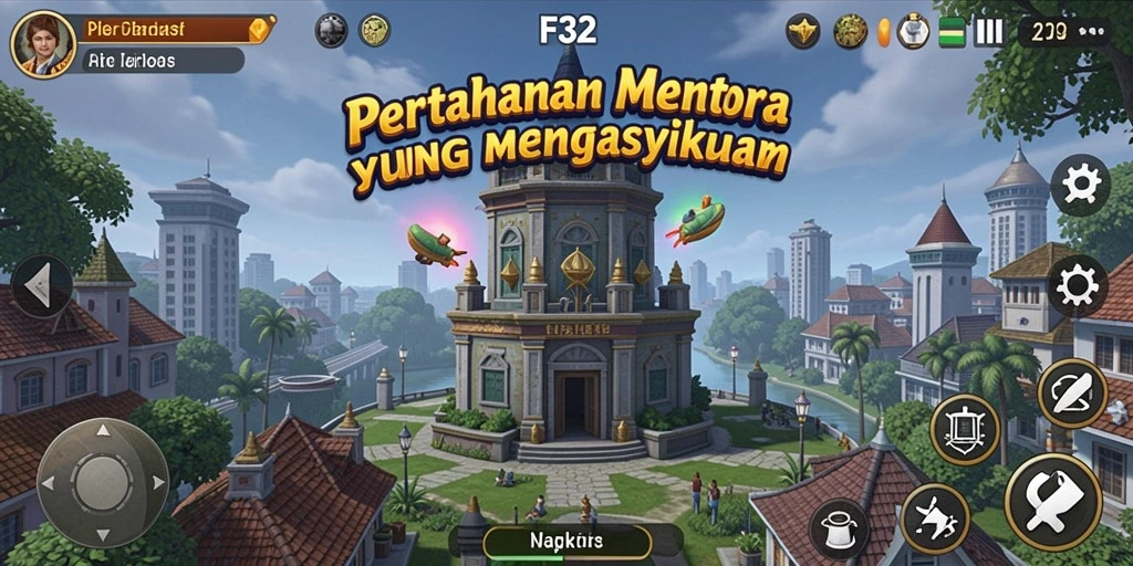 Tampilan gameplay F32 yang menegangkan dalam pertahanan menara.