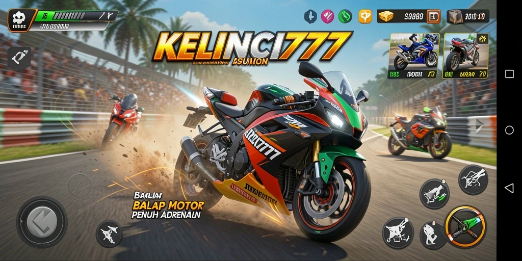 Tampilan gameplay seru KELINCI777 dengan aksi balap motor.