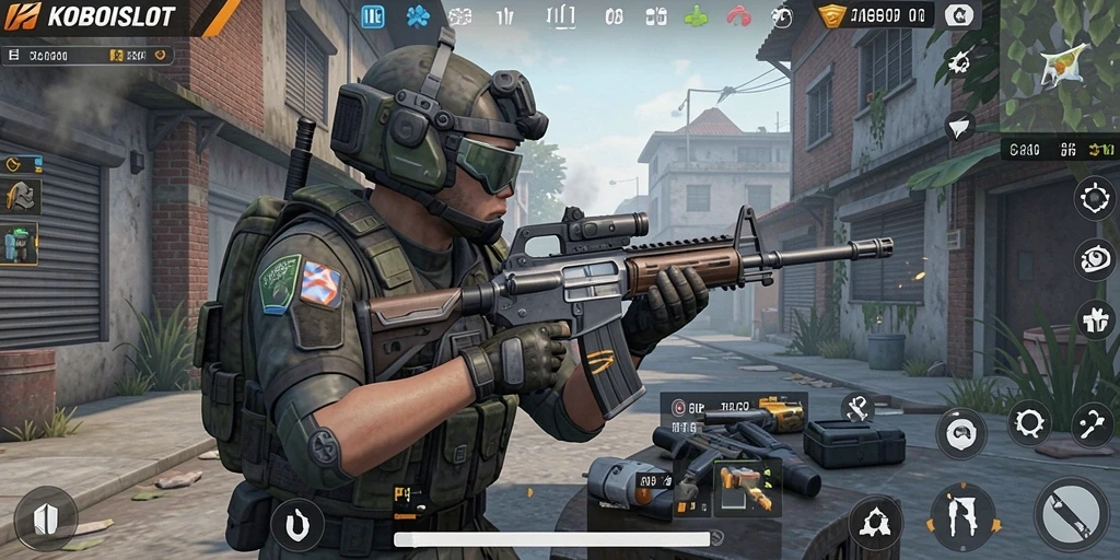 Screenshot gameplay menunjukkan aksi menegangkan dalam KOBOISLOT.