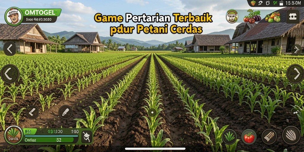 Screenshot gameplay OMTOGEL yang menunjukkan ladang yang subur dan hewan ternak.