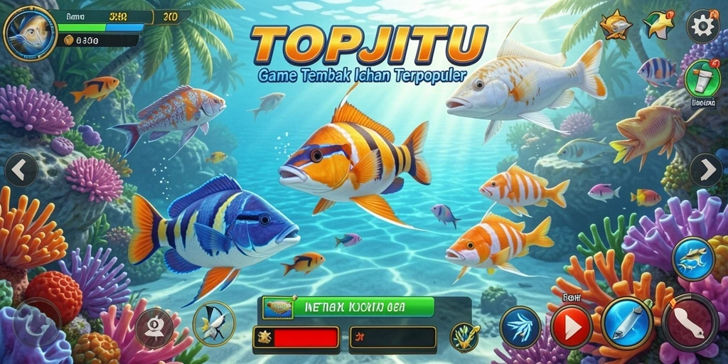 Tangkapan layar memperlihatkan gameplay seru di TOPJITU dengan aksi tembak ikan yang mendebarkan.